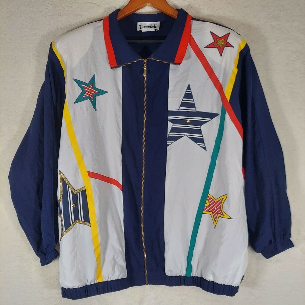 Teddi Vintage Abstract Stars Full Zip Women's Windbreaker Bomber Jacket L USA - Picture 2 of 10